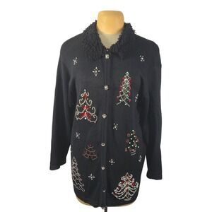 Vtg Lemon Grass Black Beaded Christmas Tree Cardigan Sweater Fringe Collar 1X